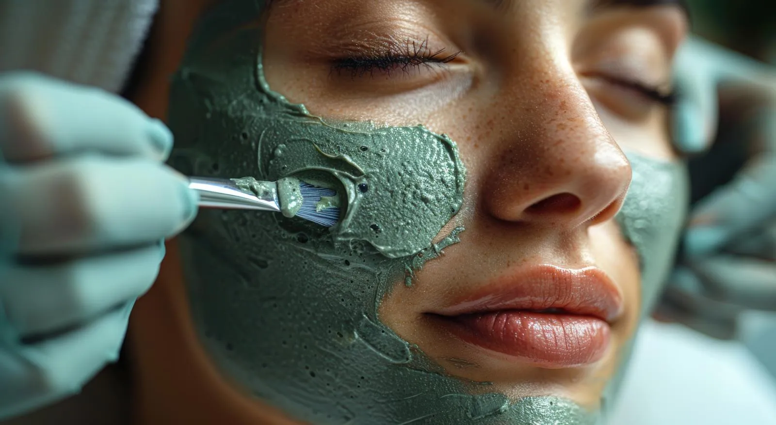Nahaufnahme: eine grüne Tonerde-Maske wird mit einem Pinsel auf die Wange einer Kundin mit geschlossenen Augen aufgetragen.