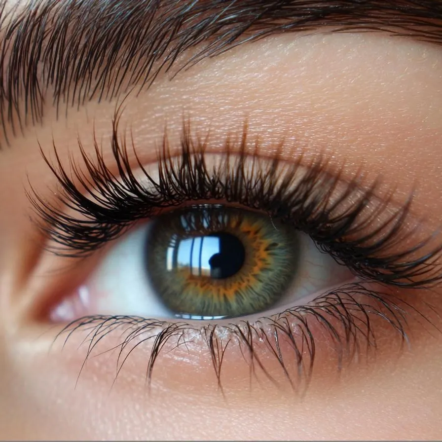 Nahaufnahme eines grünbraunen Auges mit gebogenen, dunklen Wimpern.