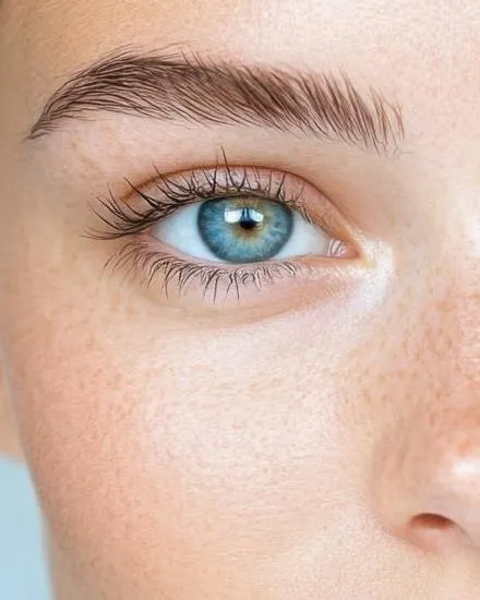 Nahaufnahme einer Braue mit feinen, einzeln gezeichneten Härchen in Wuchsrichtung, darunter ein blaues Auge.